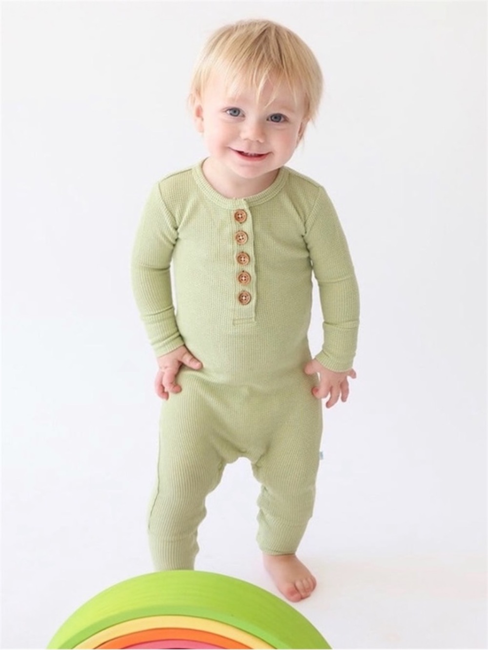 Posh Peanut Baby Green Bamboo Long Sleeve One Piece Waffle Romper Henley 3-6M